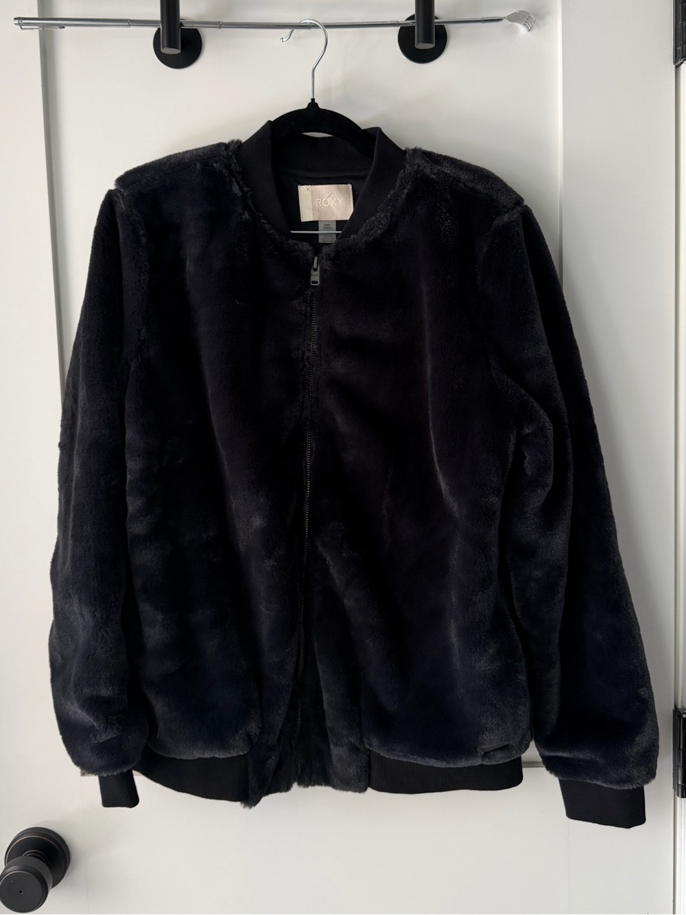 Roxy Navy Black Faux Fur Bomber Jacket